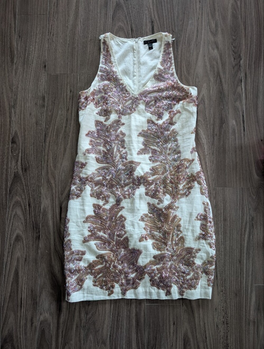 J. Crew White Mini Dress with Peach/Pink/Mauve Sequin Leaf Motif (Size 2)